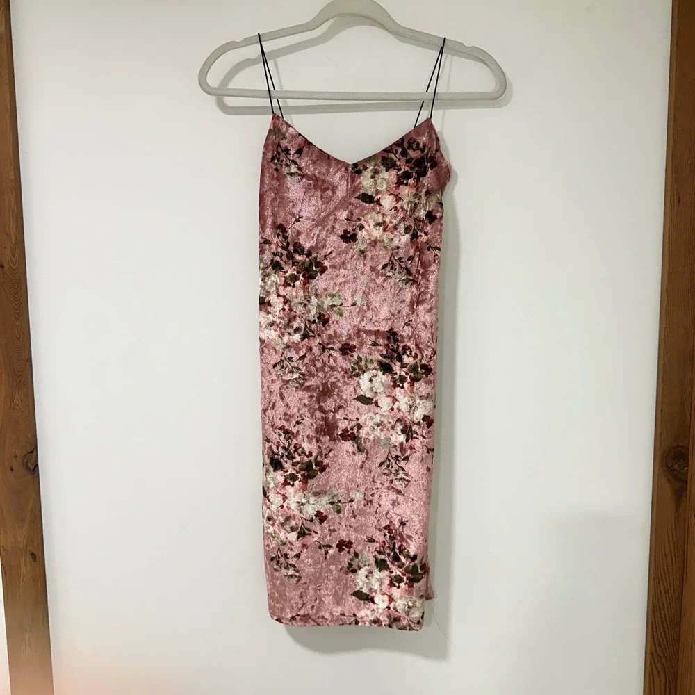 Polly & Esther Pink Floral Crushed Velvet Slip Dress Womens S Spaghetti Strap